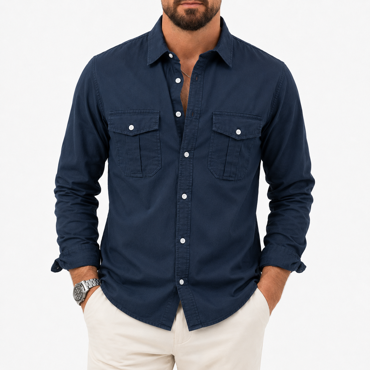 Navy blue mens utility shirt front view