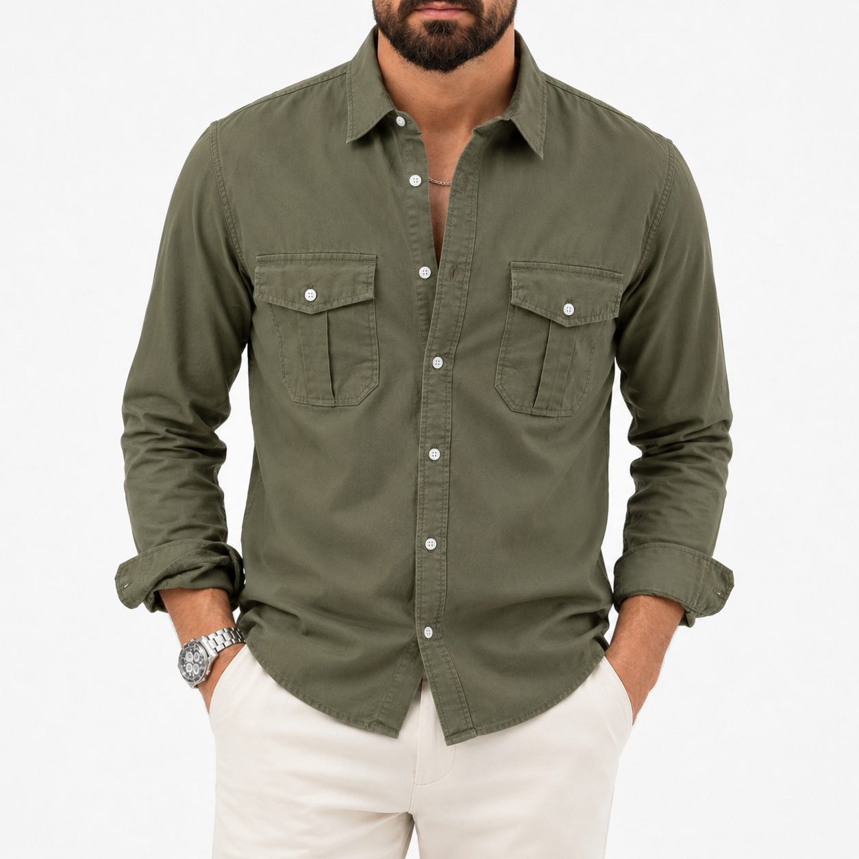 Olive green mens utility shirt front view