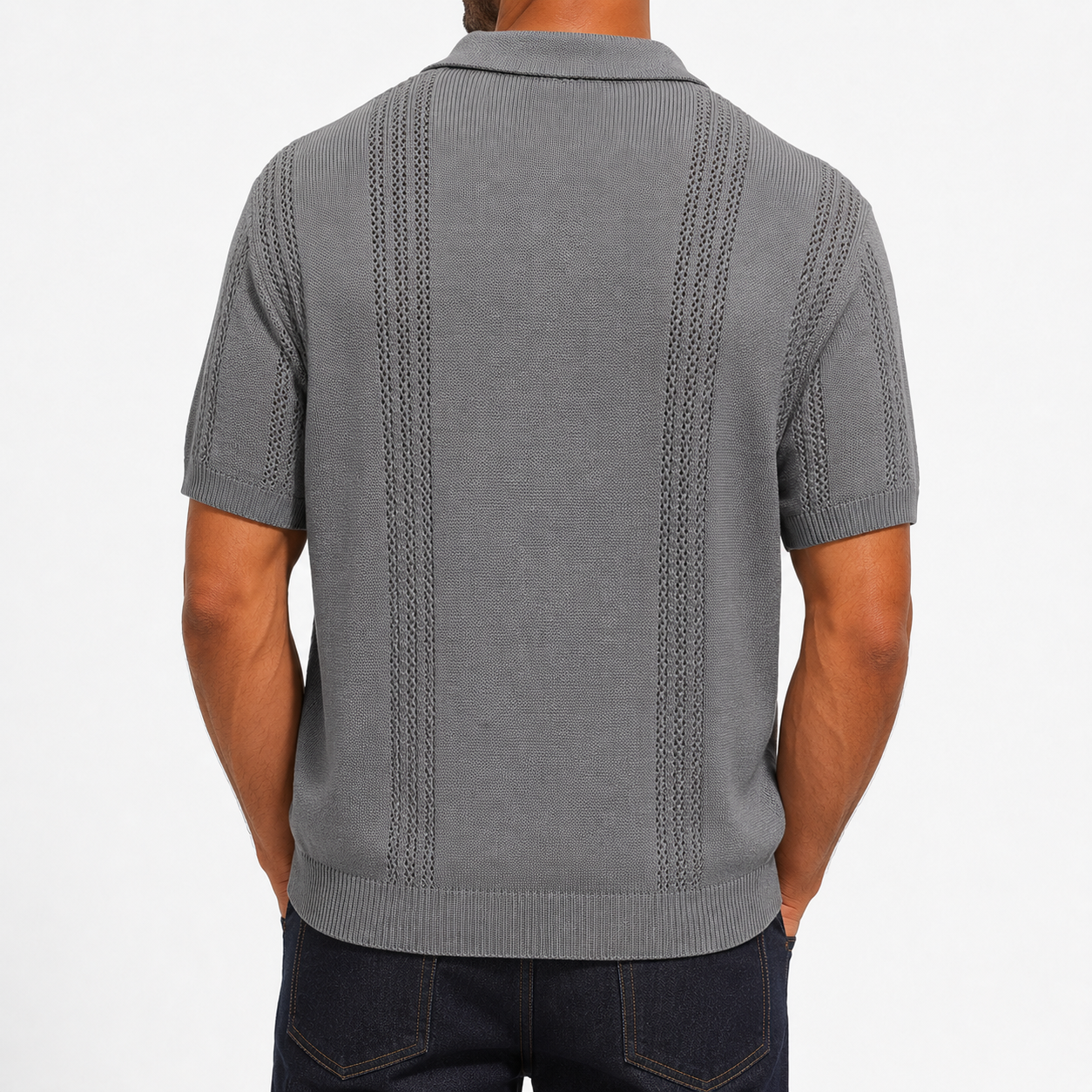 Men's heather gray textured knit polo back view