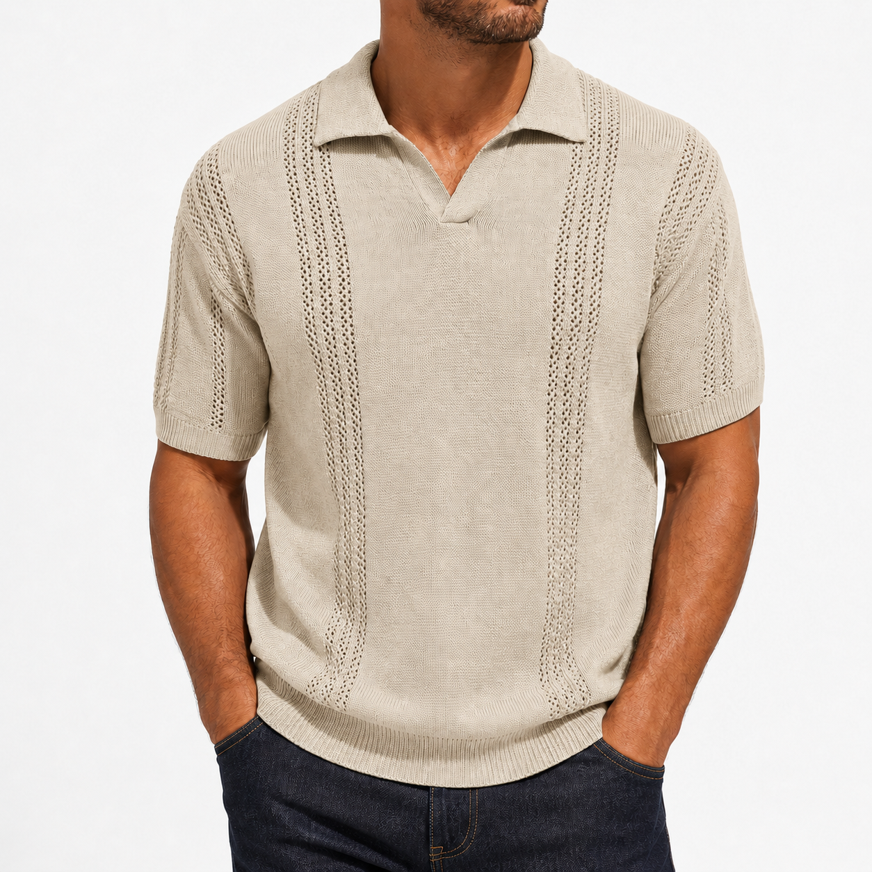 Men's oatmeal textured knit polo front view