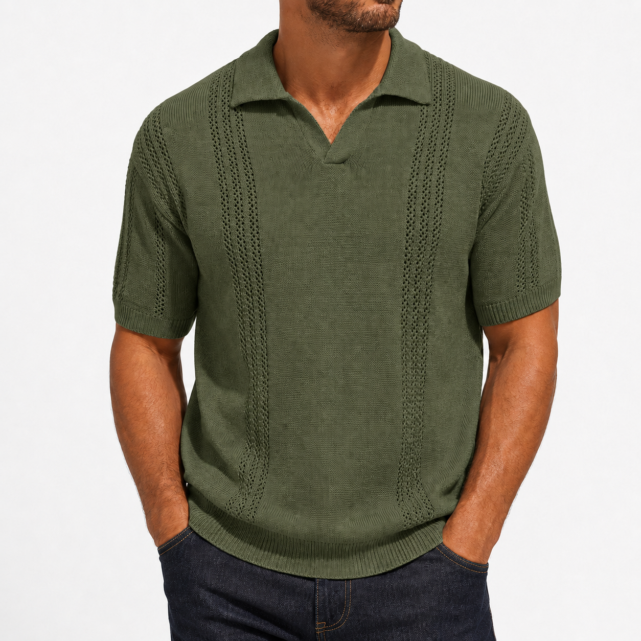 Men's olive textured knit polo front view