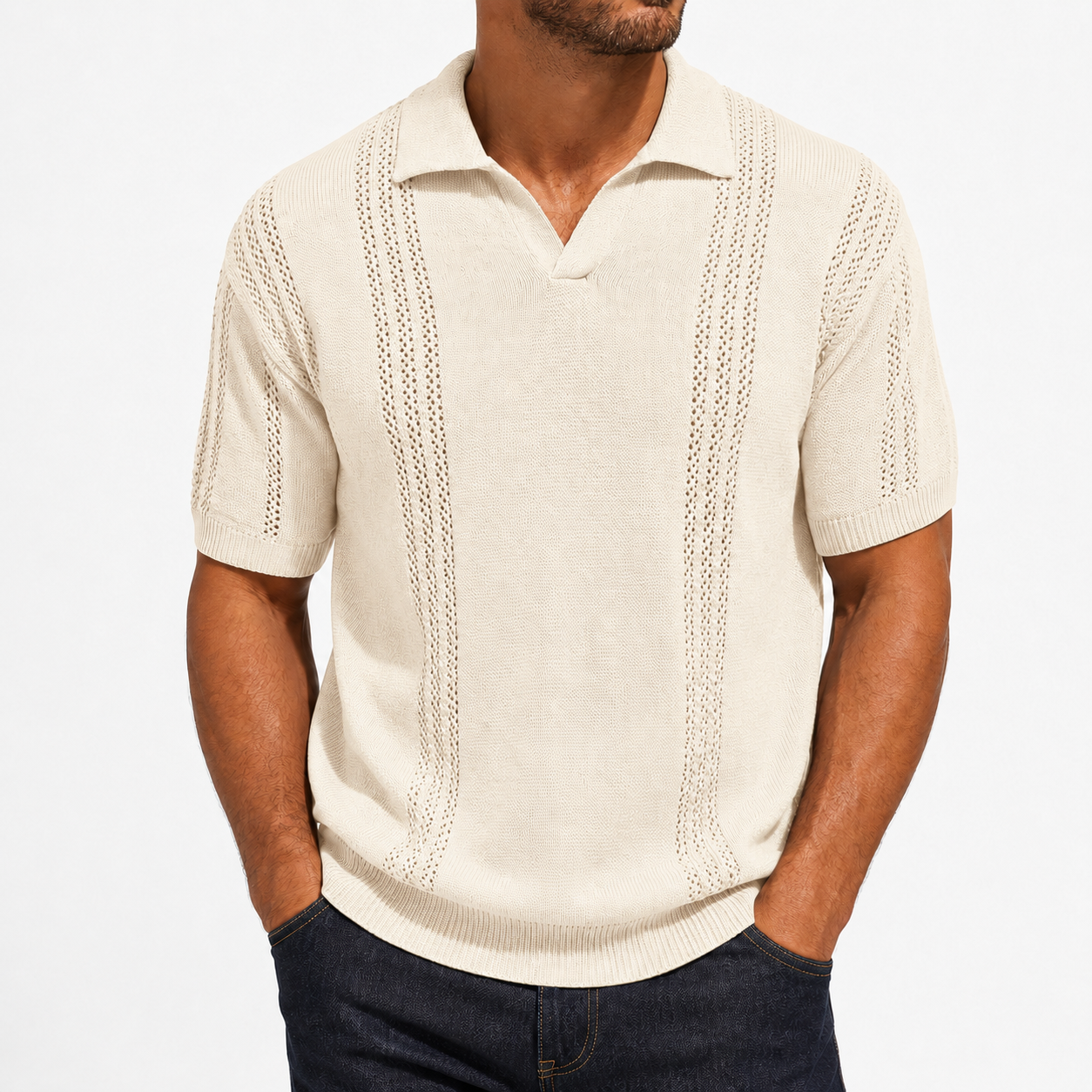 Men's cream textured knit polo front view