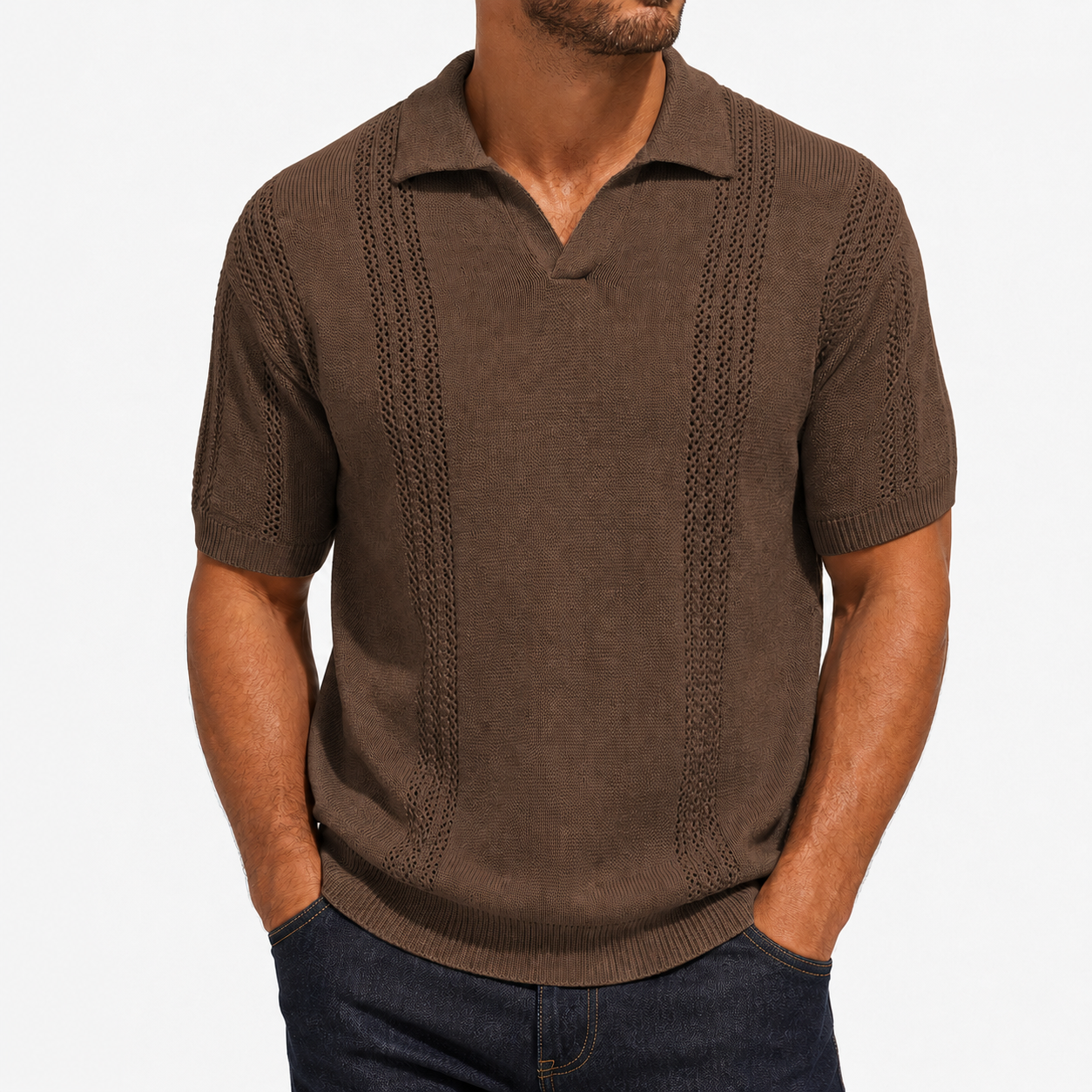Men's mocha brown textured knit polo front view