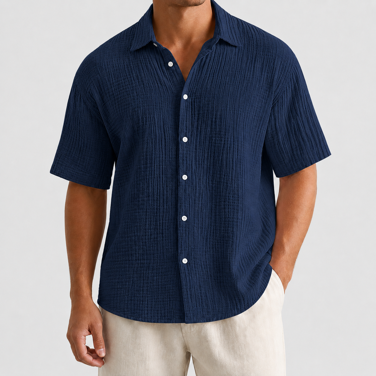 Navy Blue textured button front shirt