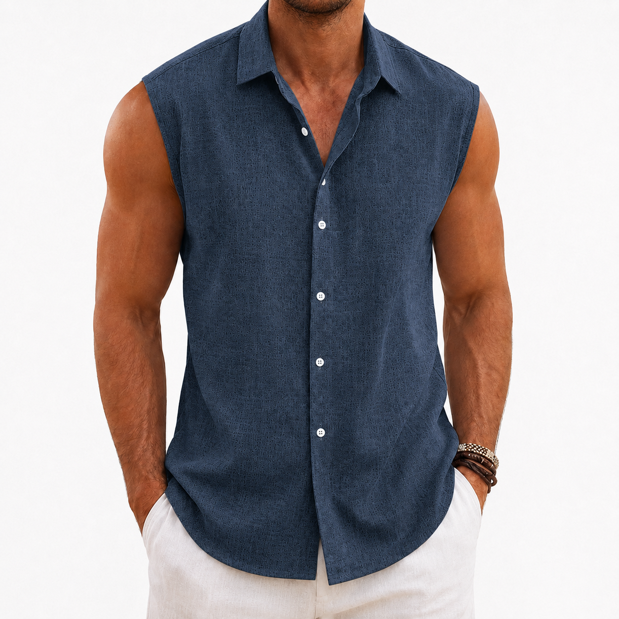 Men's textured sleeveless button up shirt in washed navy