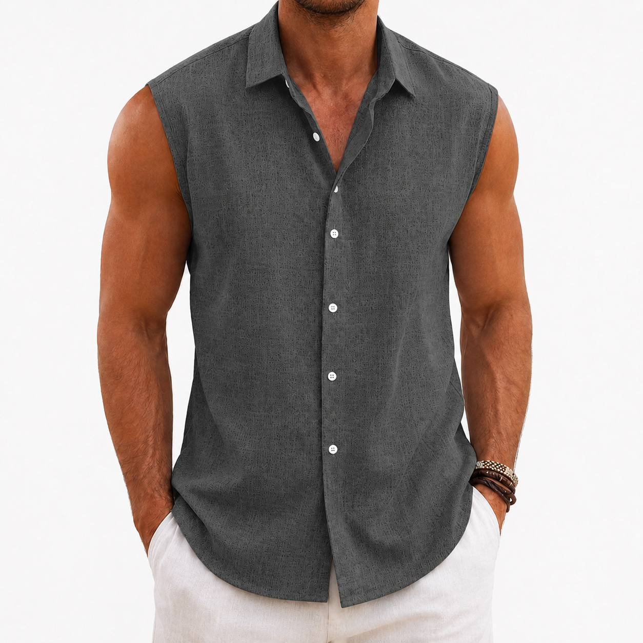 Men's textured sleeveless button up shirt in charcoal gray