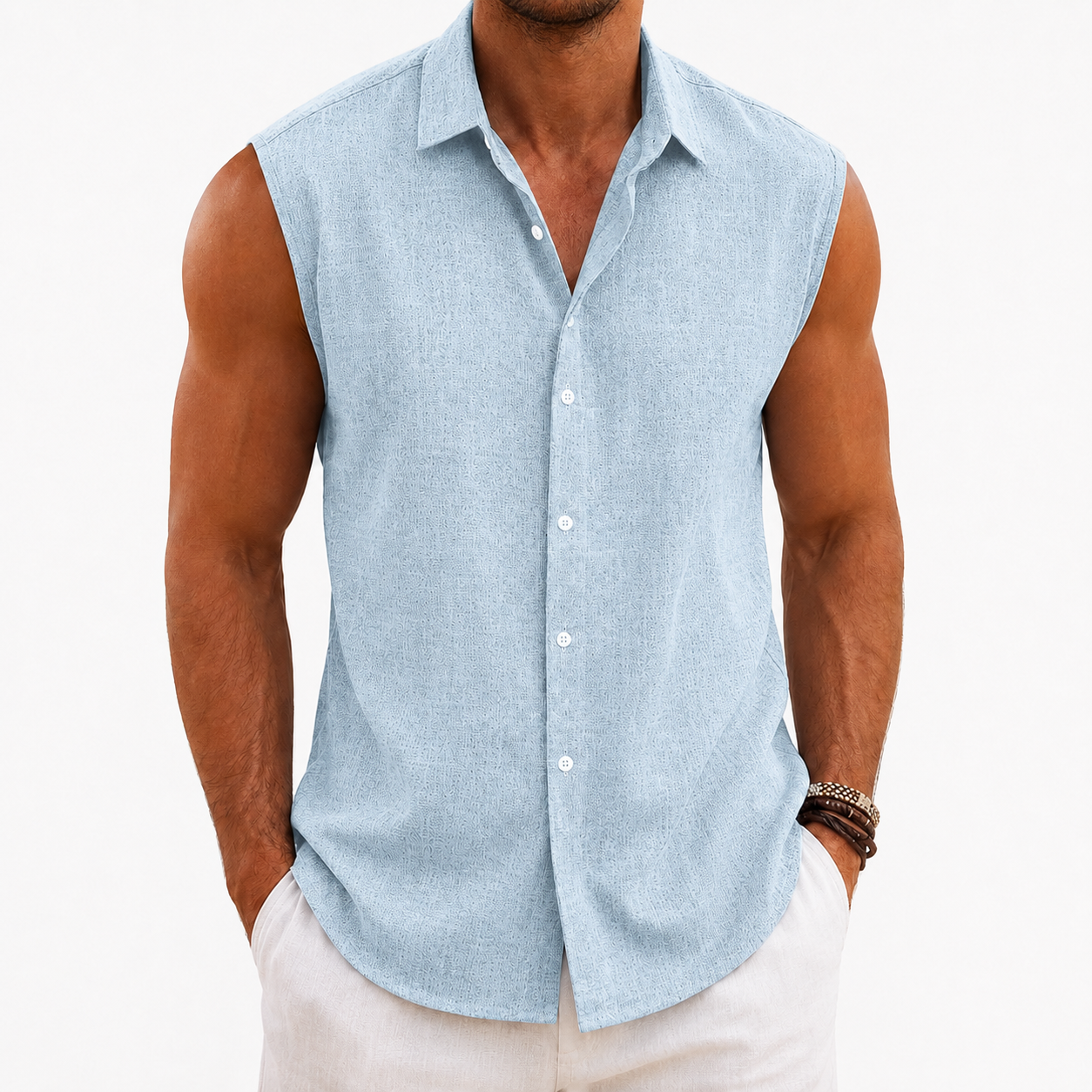 Men's textured sleeveless button up shirt in light blue