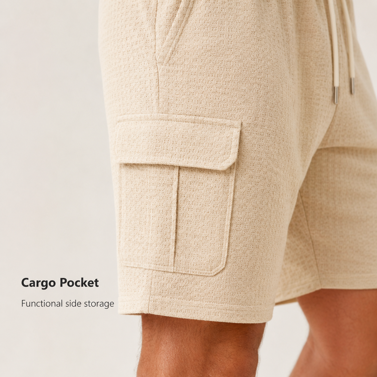 Cargo pocket detail on textured shorts