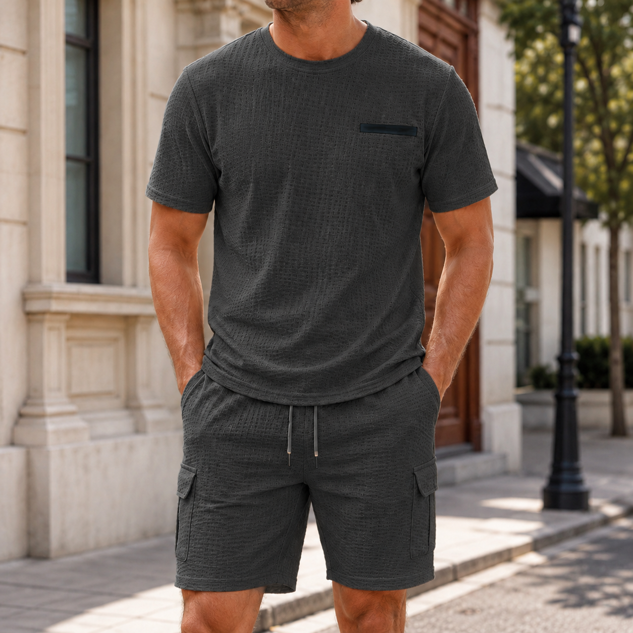 Black men's waffle textured T-shirt and cargo shorts set