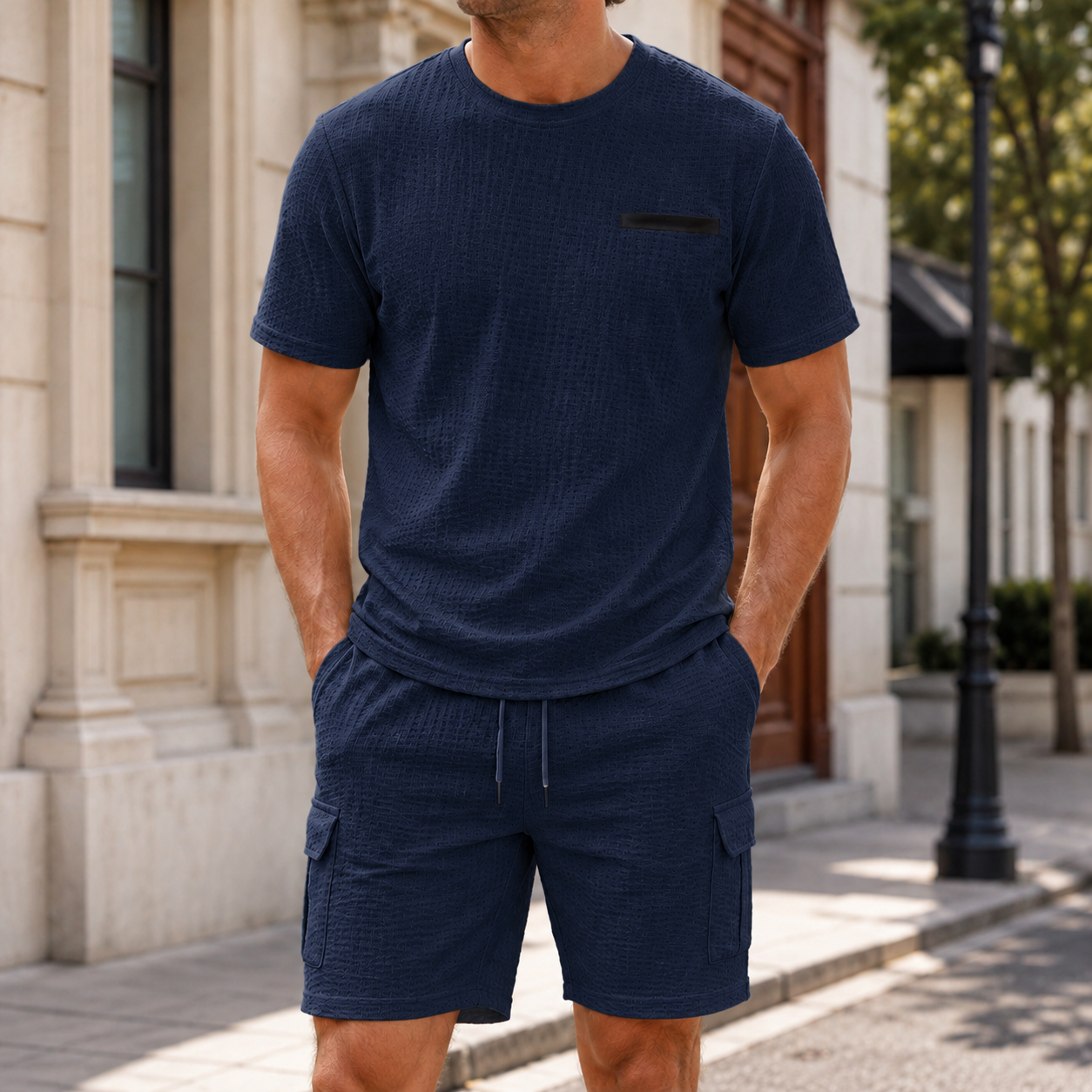 Navy blue men's waffle textured T-shirt and cargo shorts set