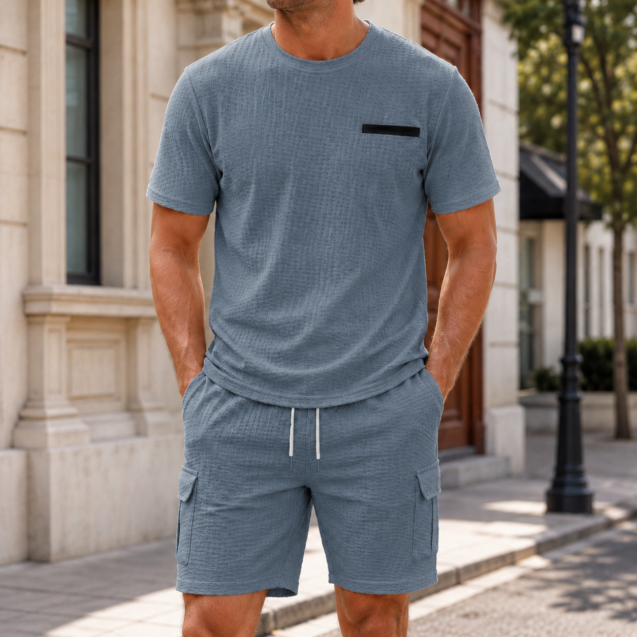 Dusty blue men's waffle textured T-shirt and cargo shorts set