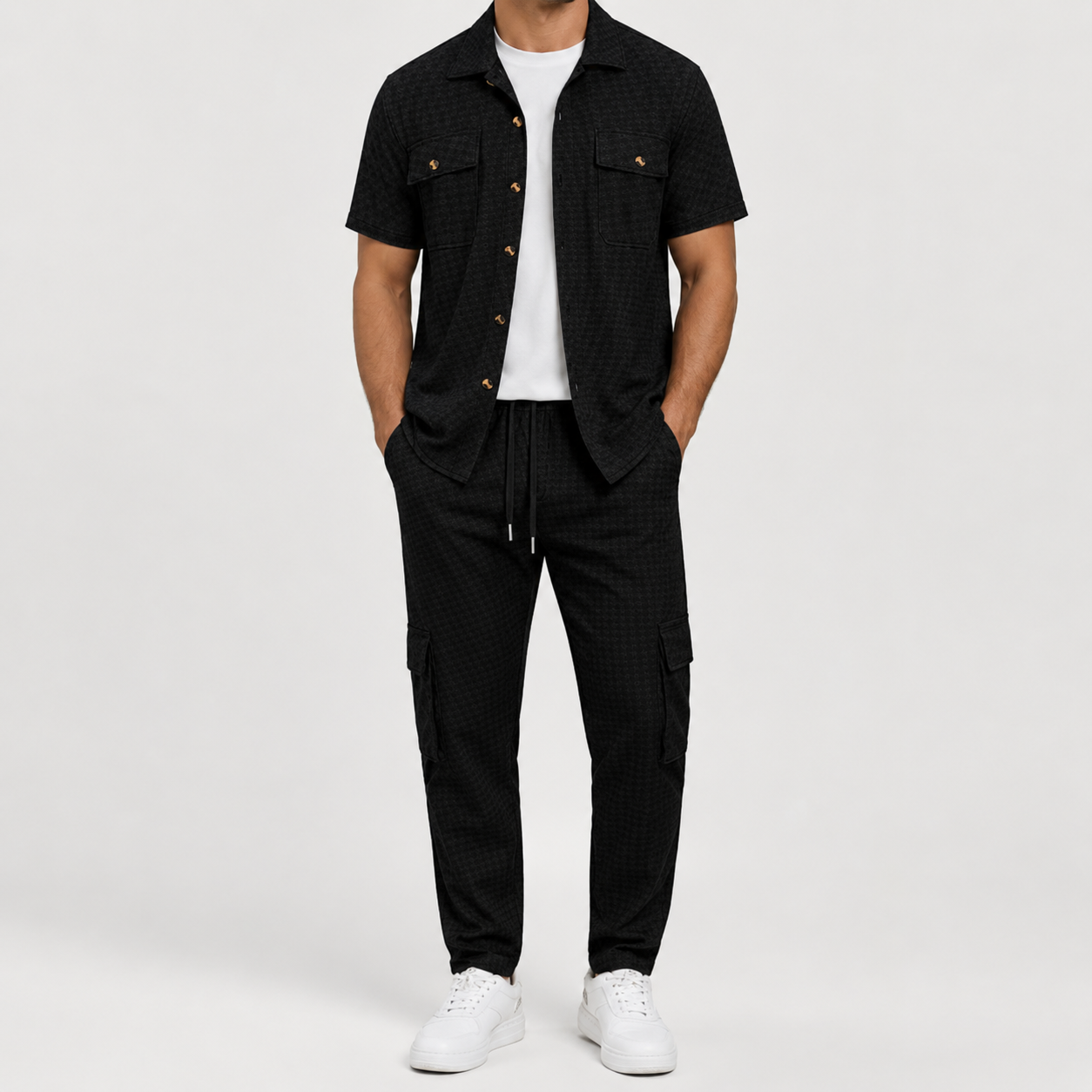 Black textured short sleeve shirt and cargo jogger pants set front view