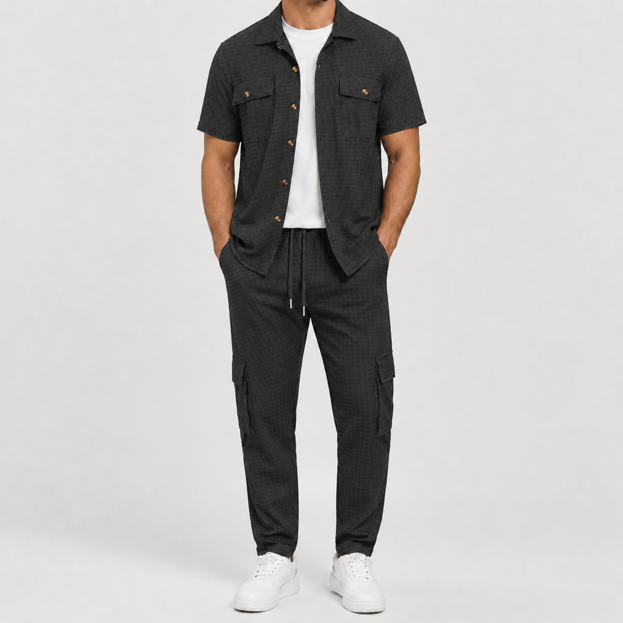 Charcoal textured short sleeve shirt and cargo jogger pants set