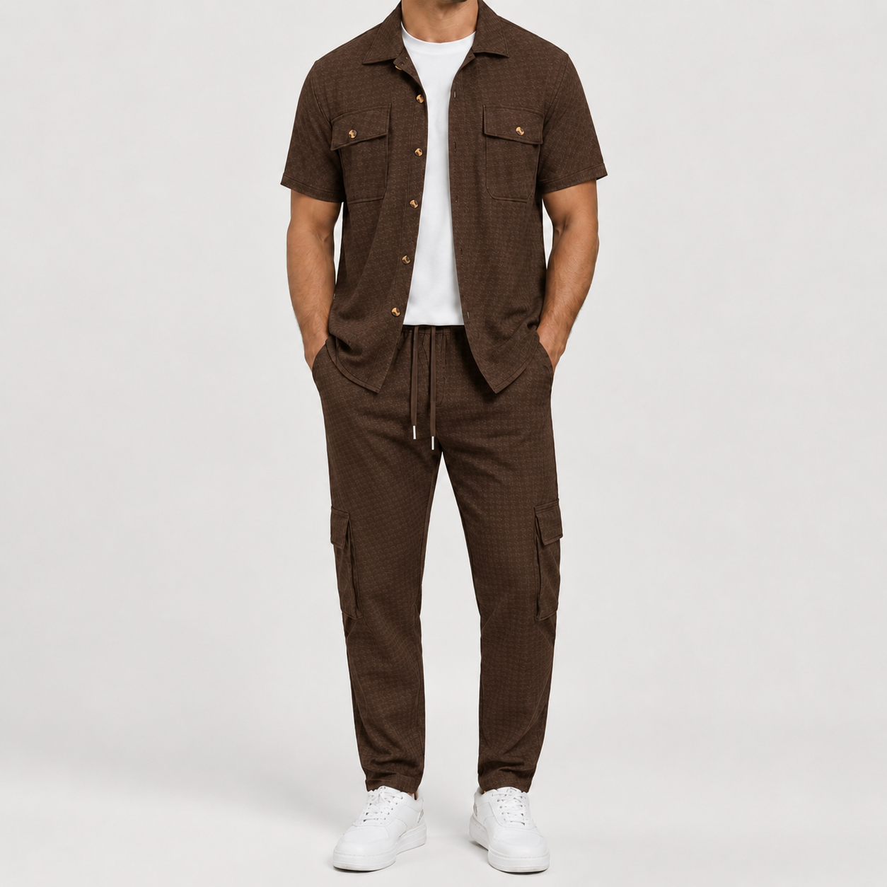 Mocha Brown textured short sleeve shirt and cargo jogger pants set