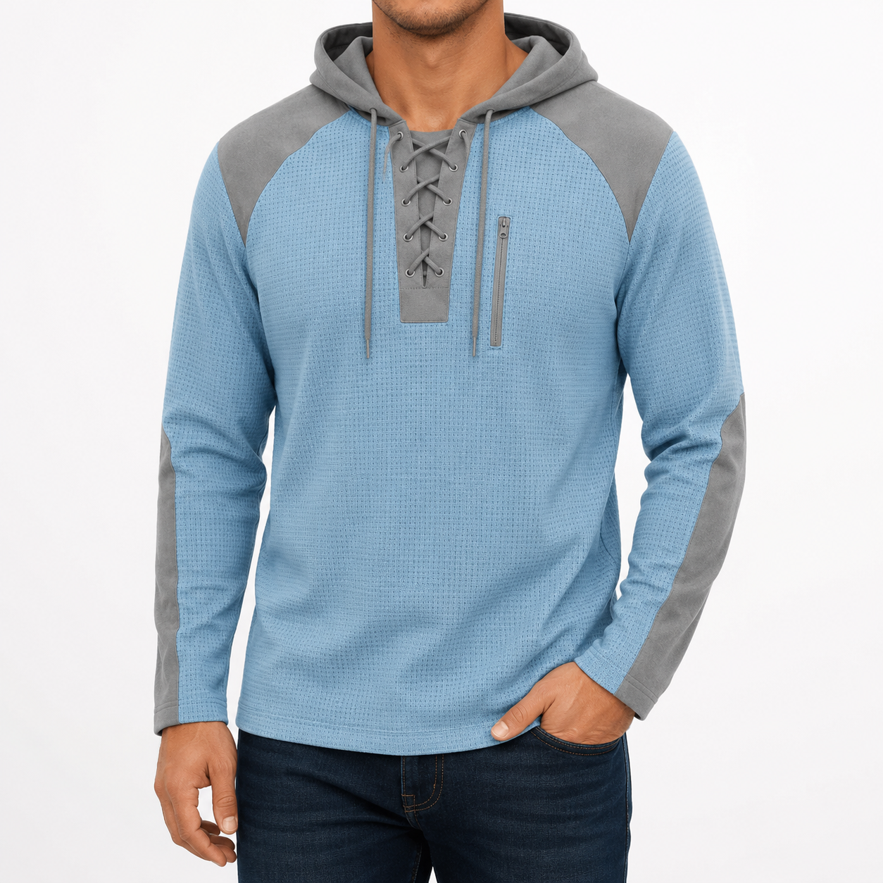 Men's light sky blue textured lace-up hoodie front view
