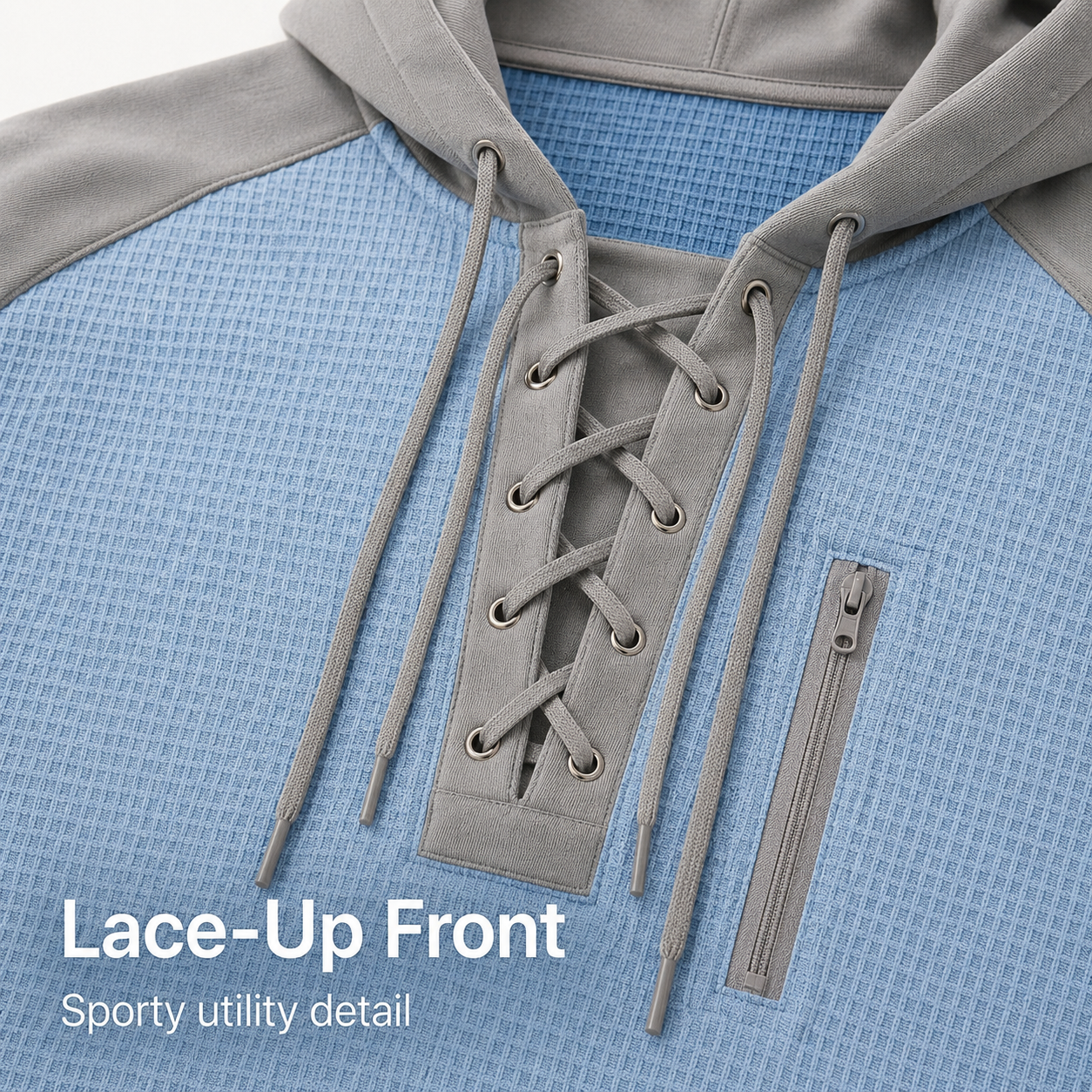 Lace-up placket, drawstrings, and chest zipper detail