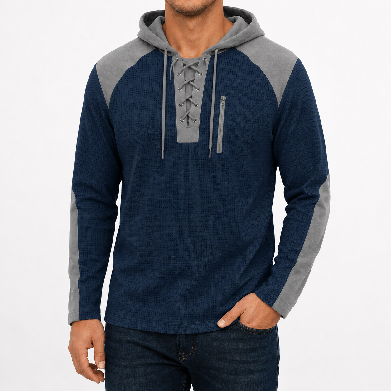 Men's deep navy textured lace-up hoodie front