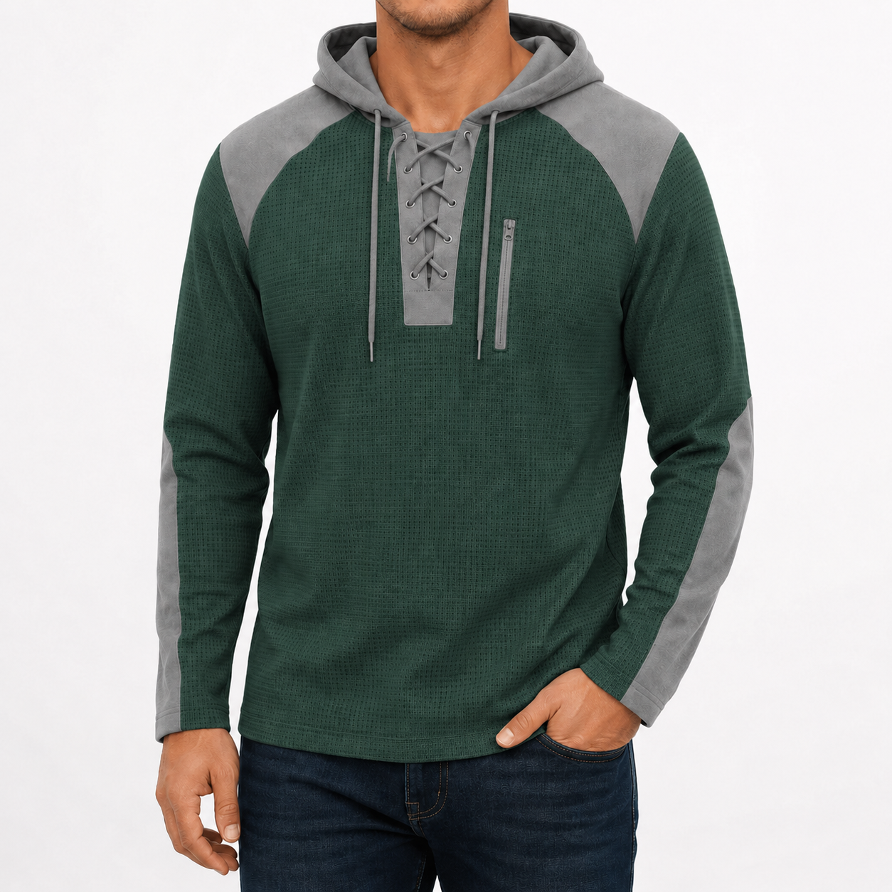Men's forest green textured lace-up hoodie front