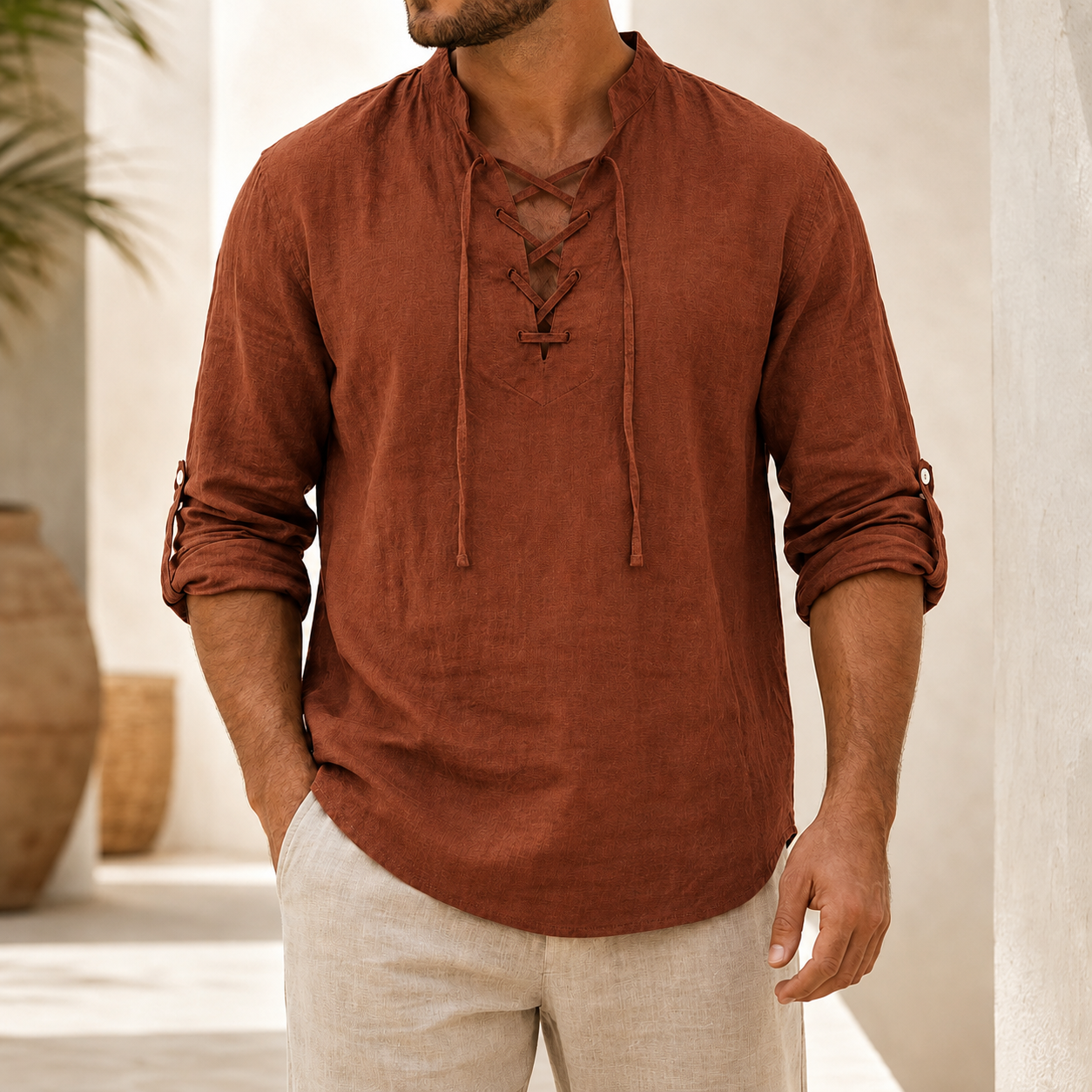 Rust brown lace up textured shirt