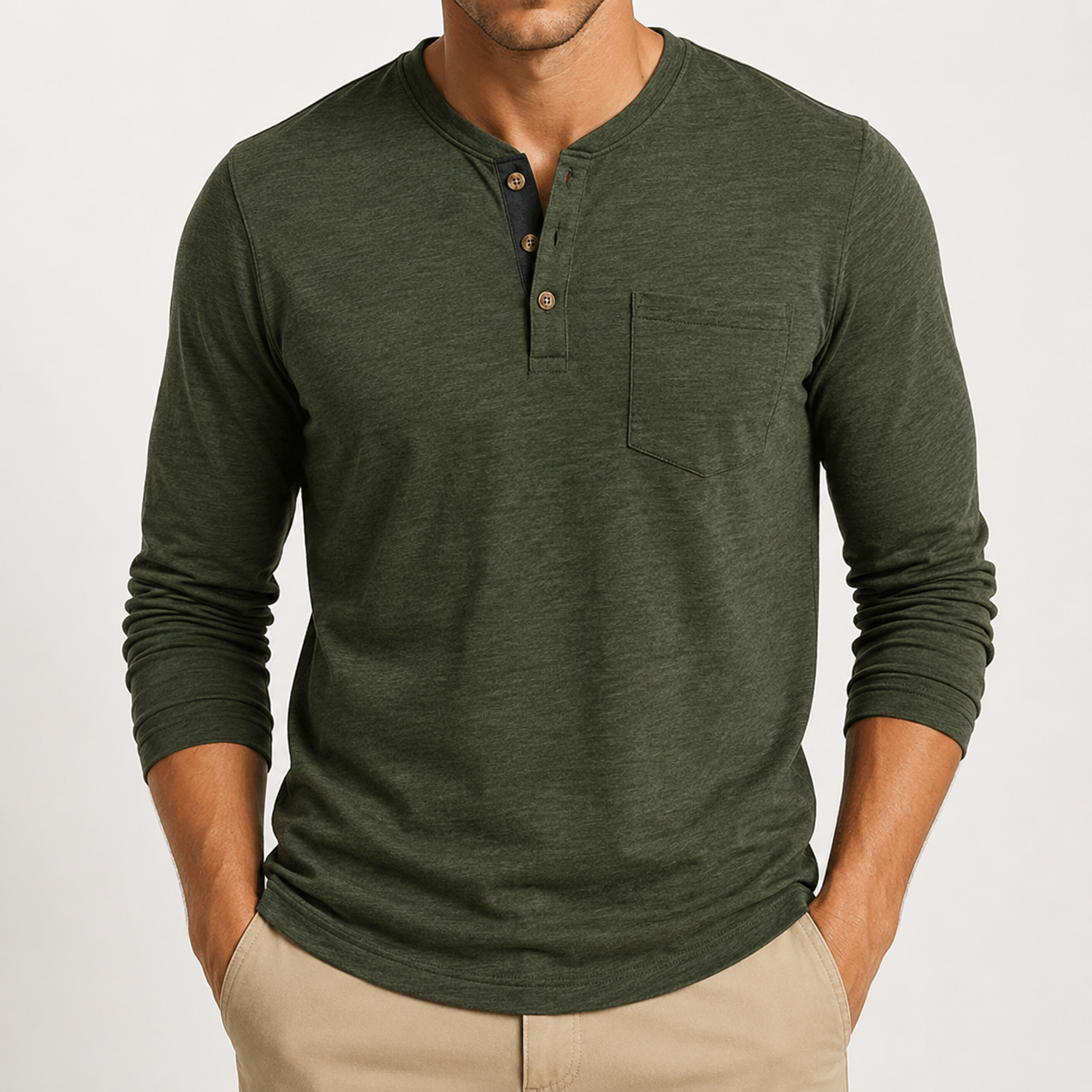 Olive green men's textured henley shirt front view