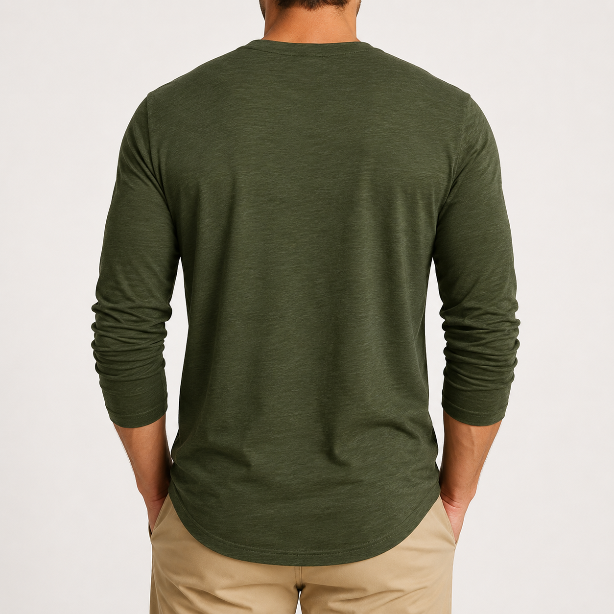 Olive green men's textured henley shirt back view