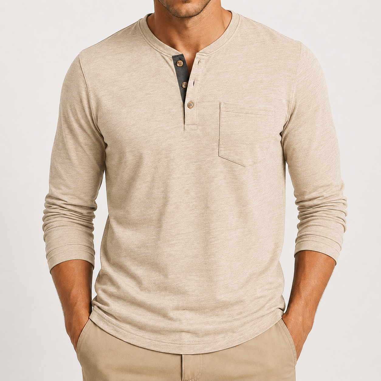 Oatmeal beige men's textured henley shirt