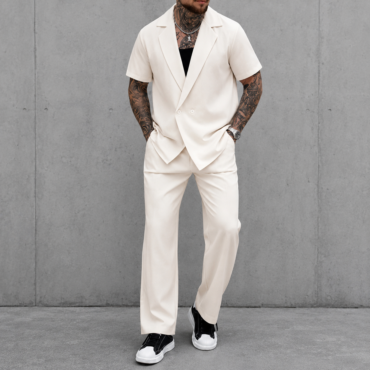 Warm ivory short sleeve lapel two piece set