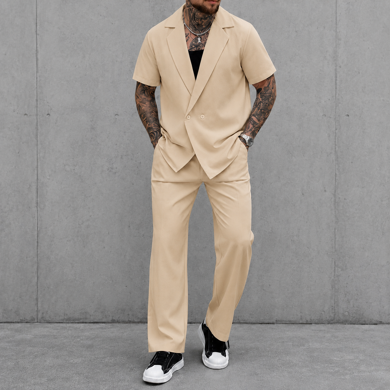 Sand beige short sleeve lapel two piece set
