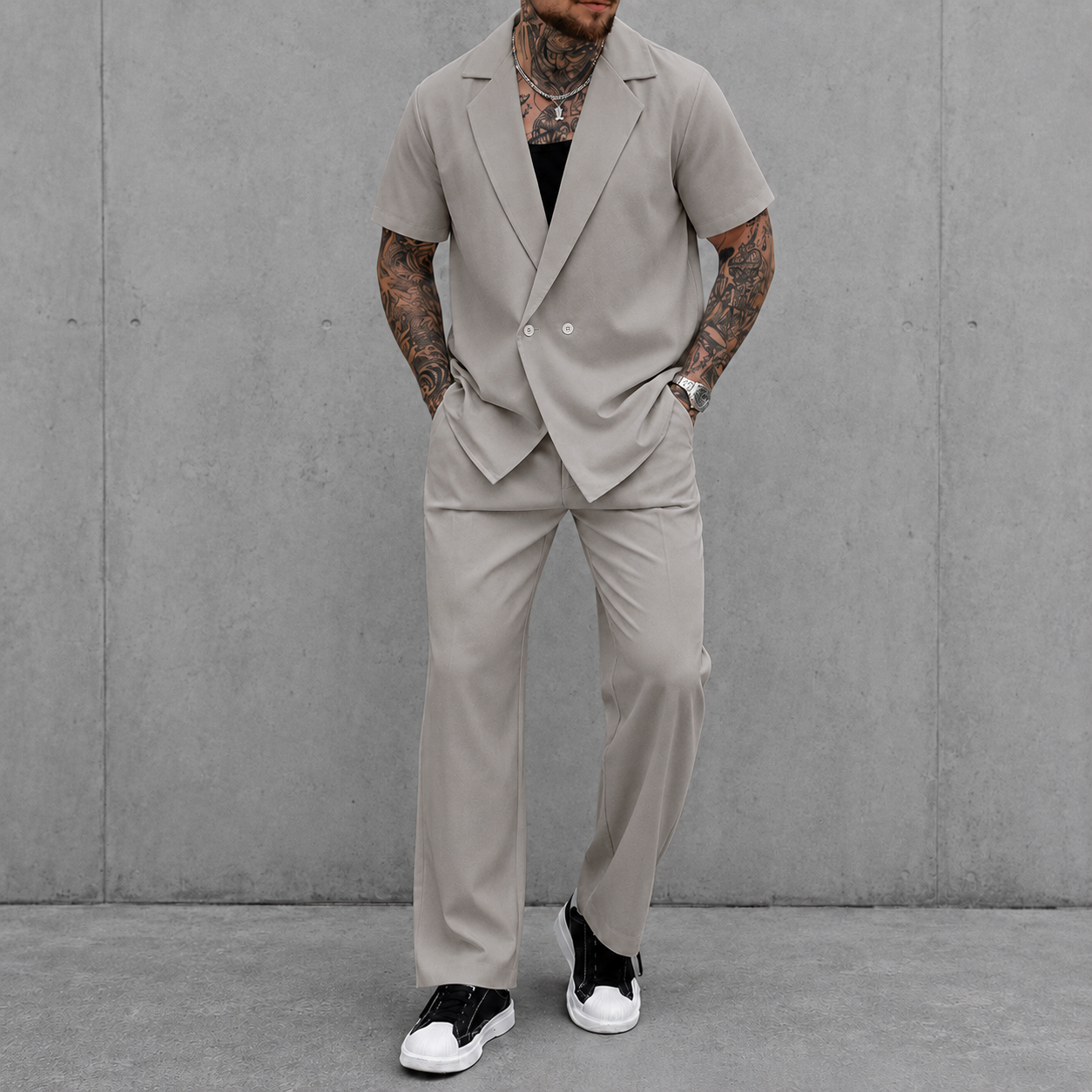 Stone gray short sleeve lapel two piece set