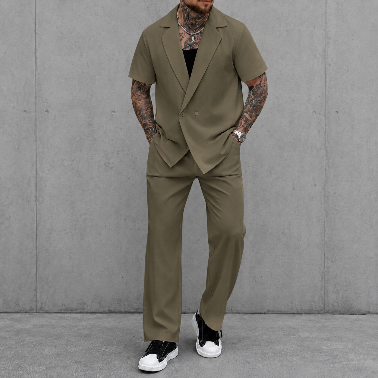 Olive khaki short sleeve lapel two piece set