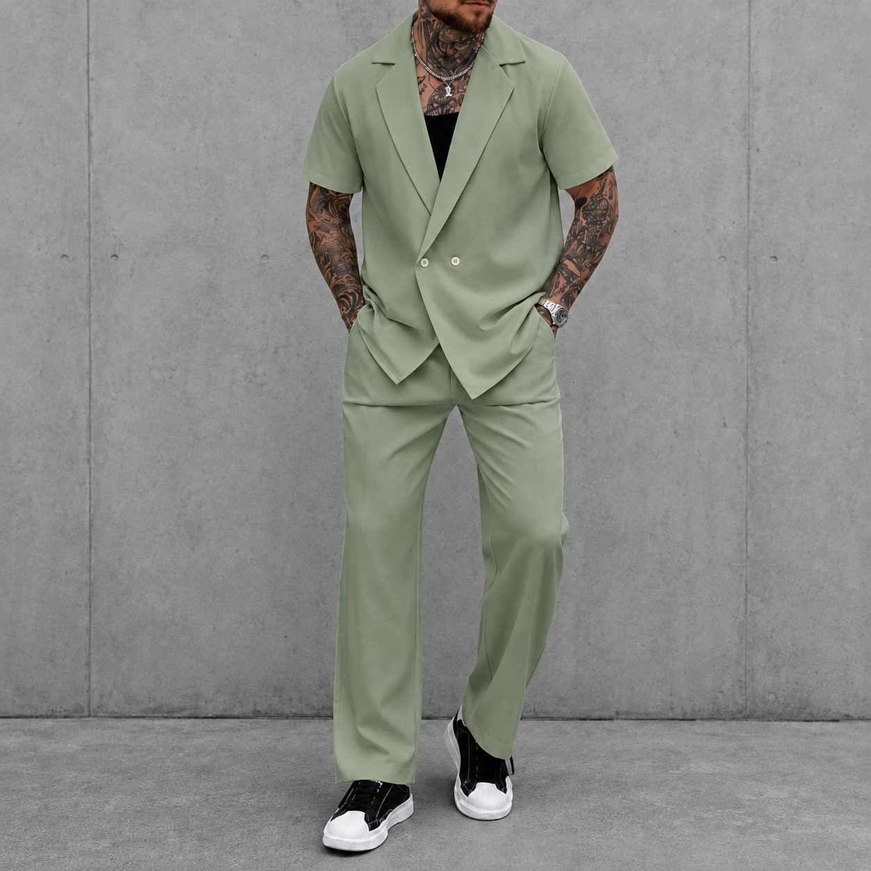 Sage green short sleeve lapel two piece set
