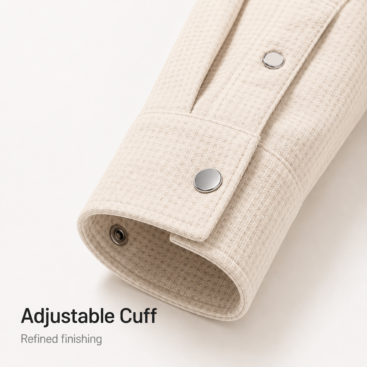 Structured snap cuff detail on cream waffle overshirt