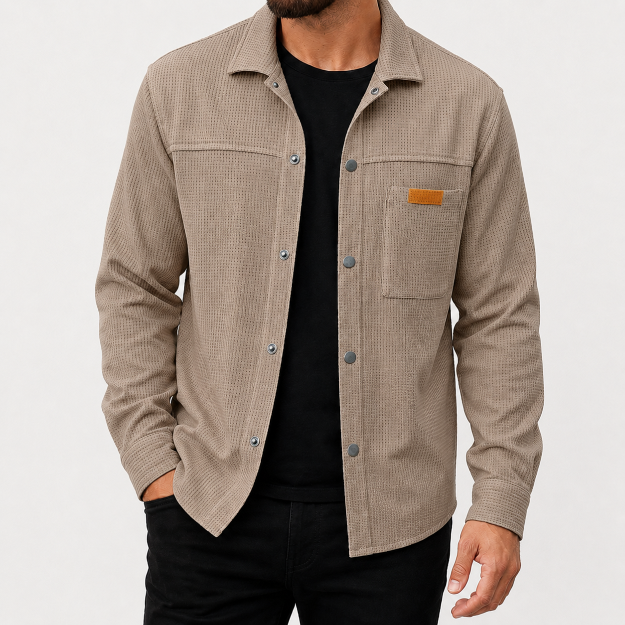 Warm taupe men's waffle snap-front overshirt front view