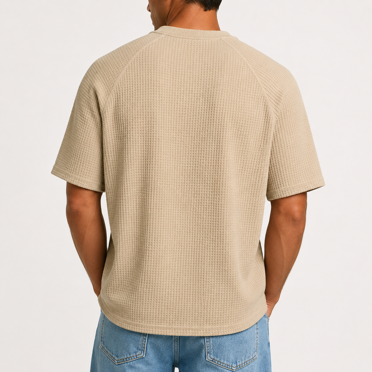 Khaki Beige waffle knit crewneck T-shirt back view
