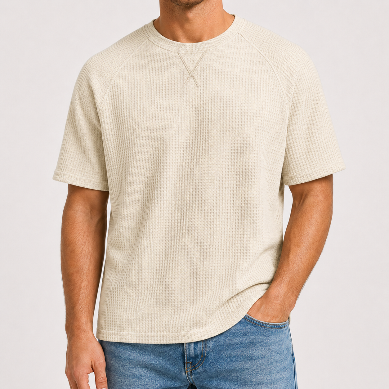 Ivory Cream waffle knit crewneck T-shirt