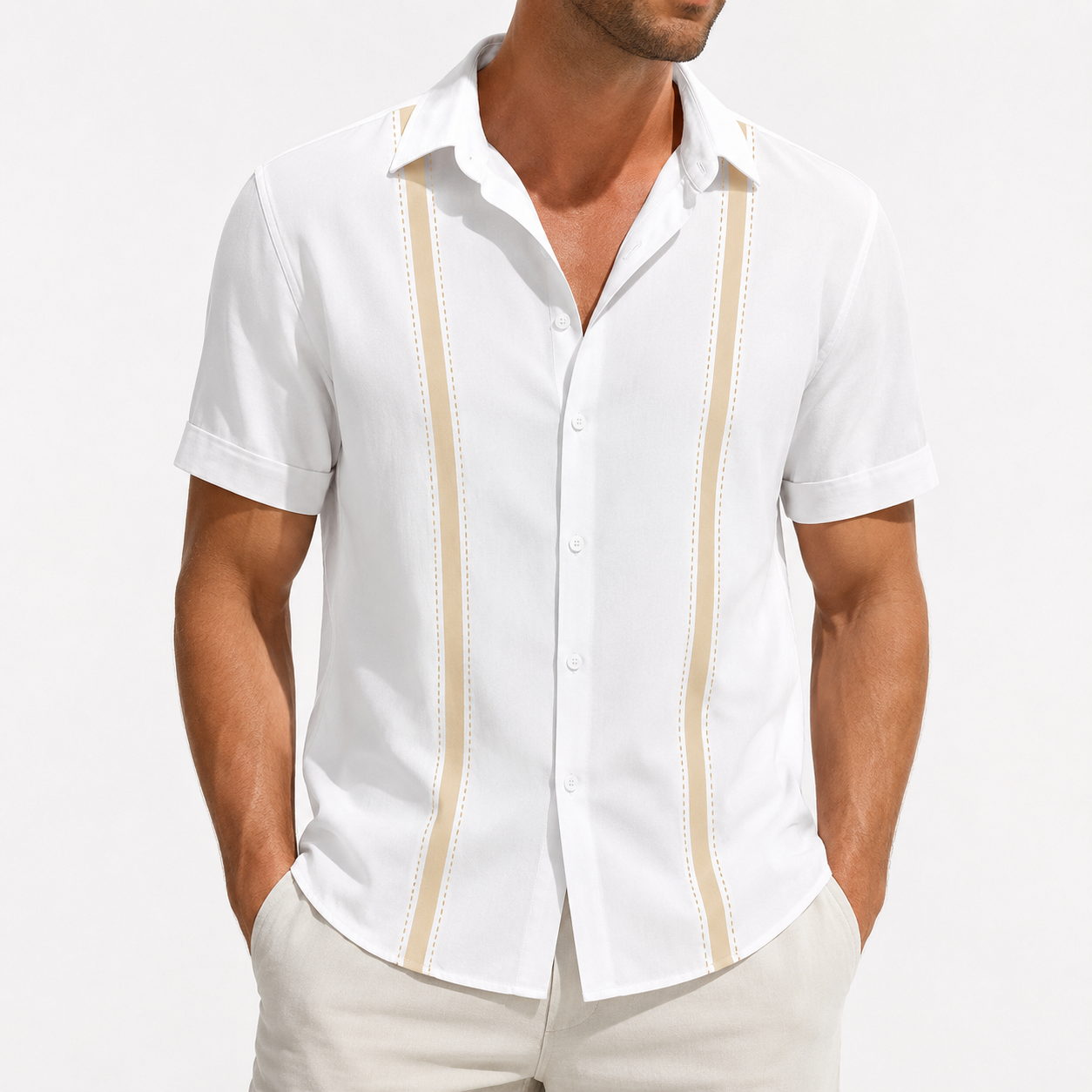 White beige stripe short sleeve button-up shirt