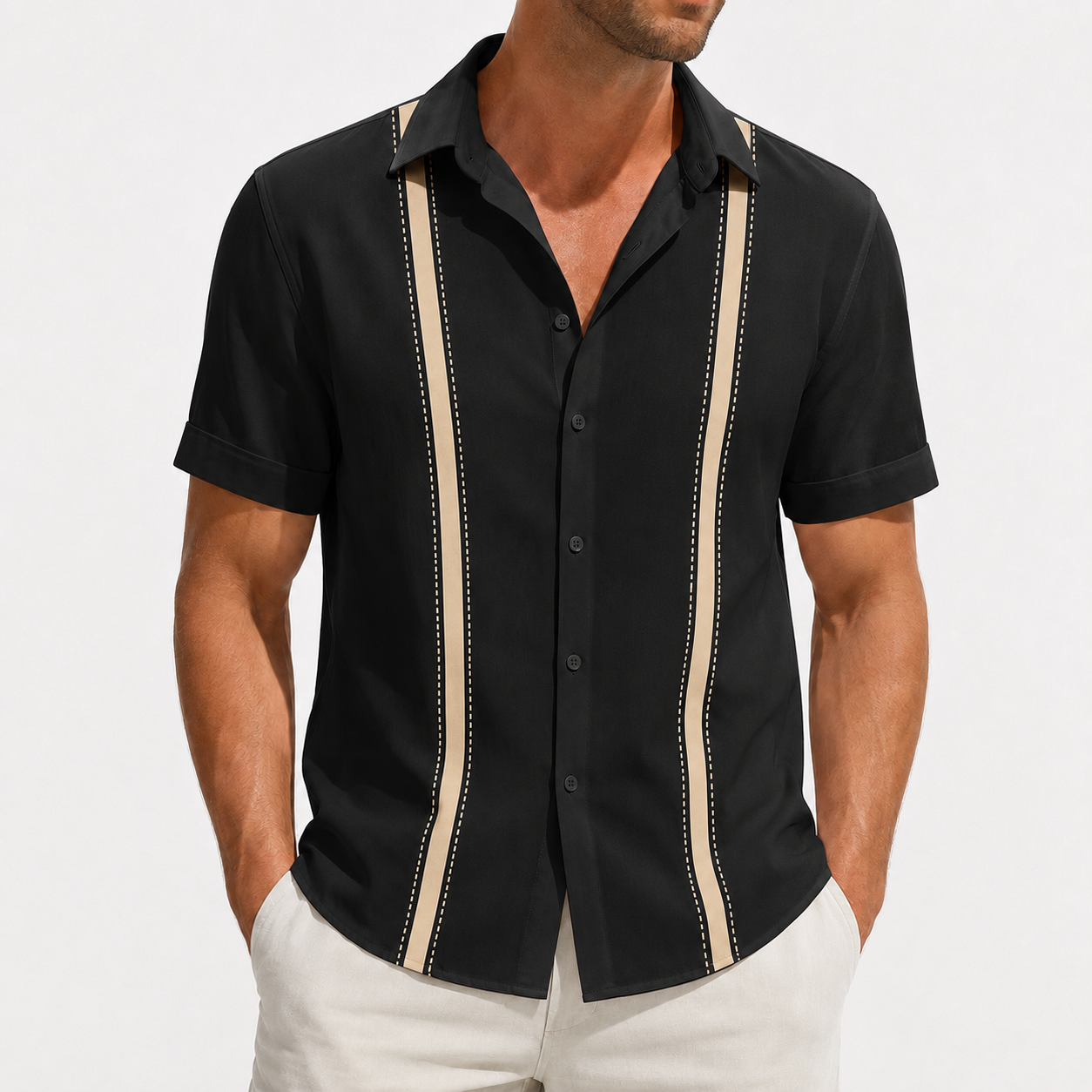 Black beige stripe short sleeve button-up shirt
