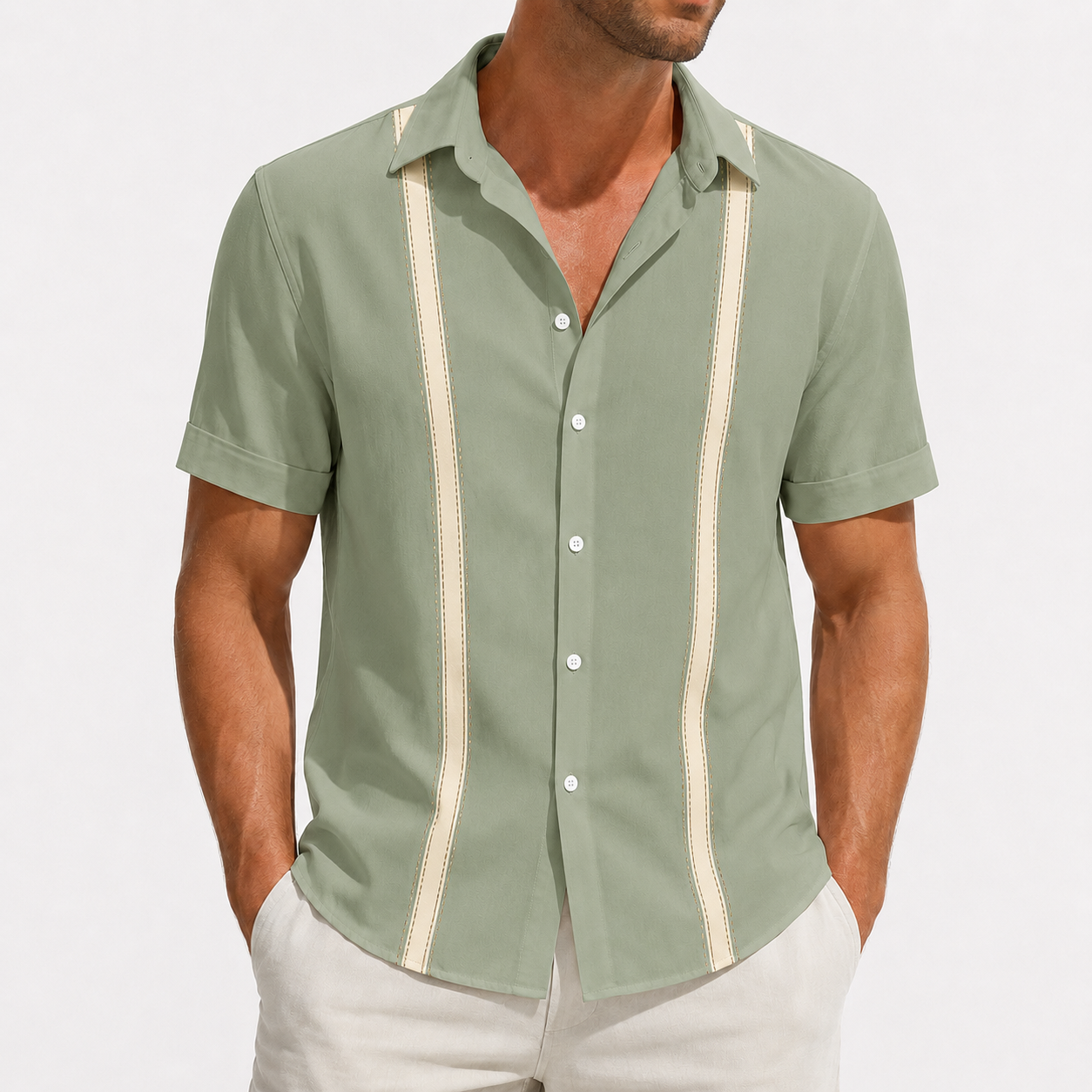 Sage green beige stripe short sleeve button-up shirt