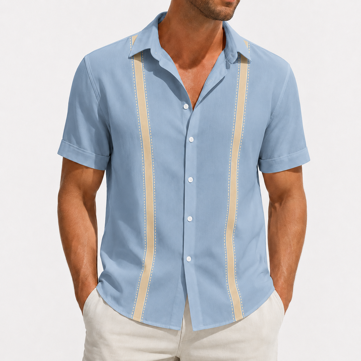 Dusty blue beige stripe short sleeve button-up shirt