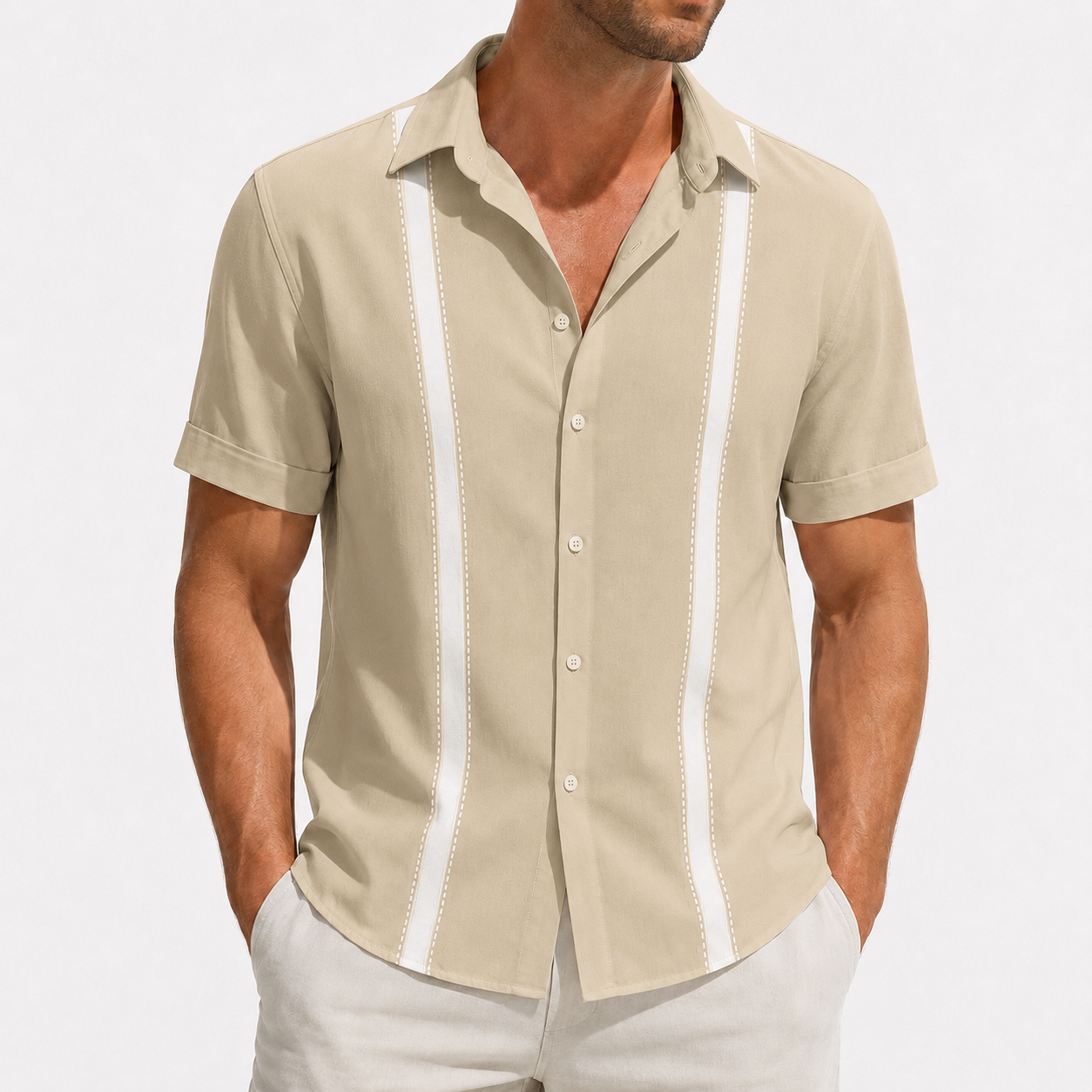 Sand beige white stripe short sleeve button-up shirt