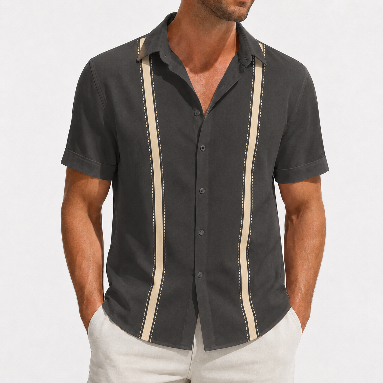 Charcoal beige stripe short sleeve button-up shirt
