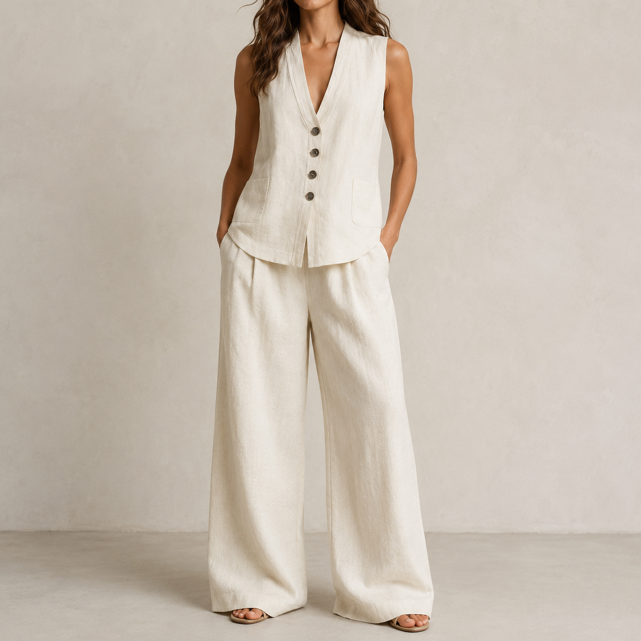 Natural Ivory front view of V-neck vest and wide leg pants set