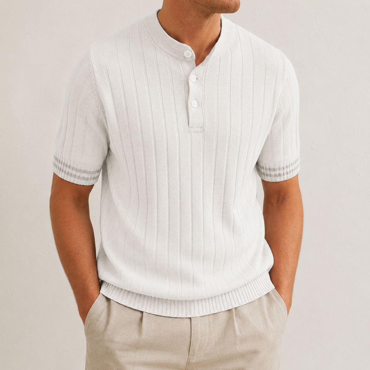 Men's ribbed henley knit shirt ivory front view