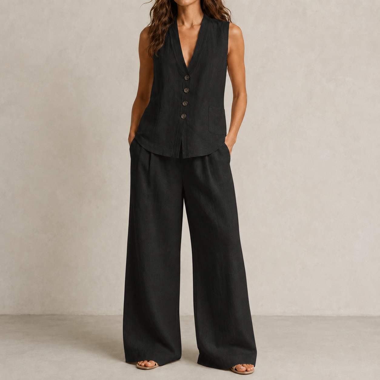 Soft Black V-neck vest and wide leg pants set