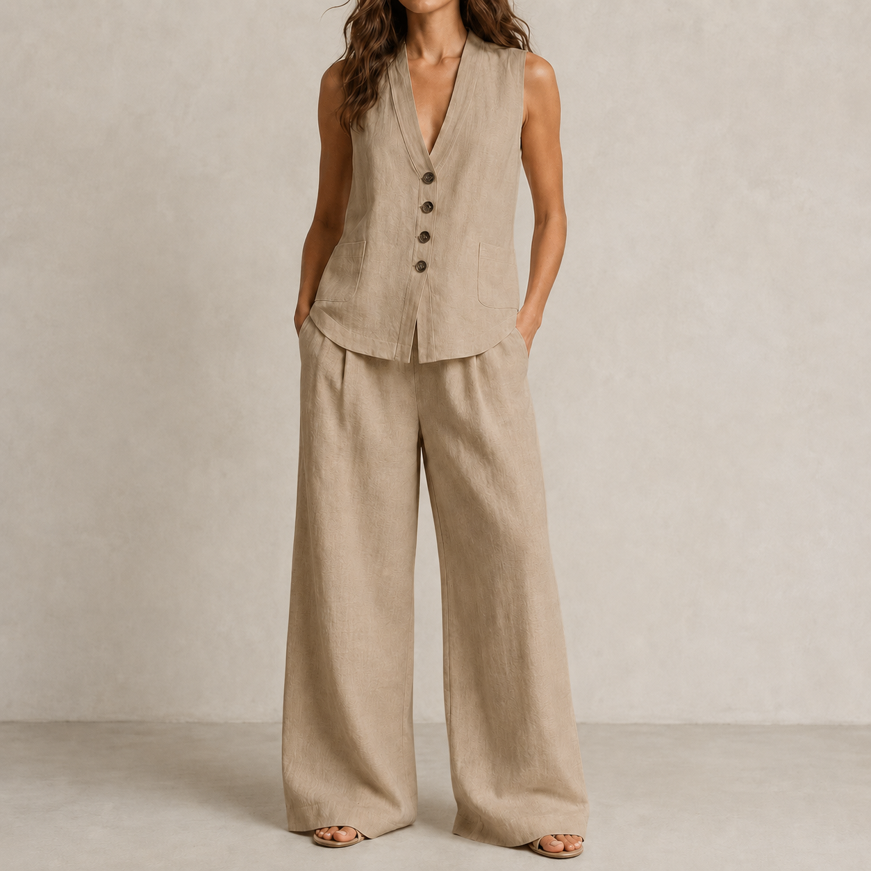 Sand Taupe V-neck vest and wide leg pants set