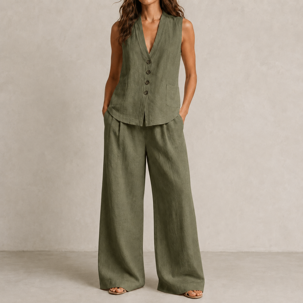 Olive Green V-neck vest and wide leg pants set