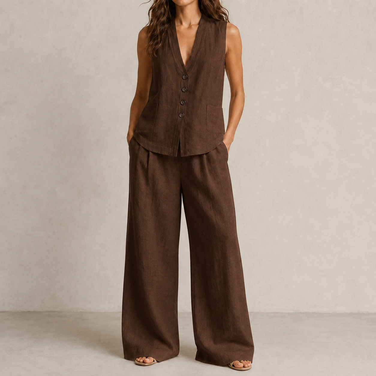 Chocolate Brown V-neck vest and wide leg pants set