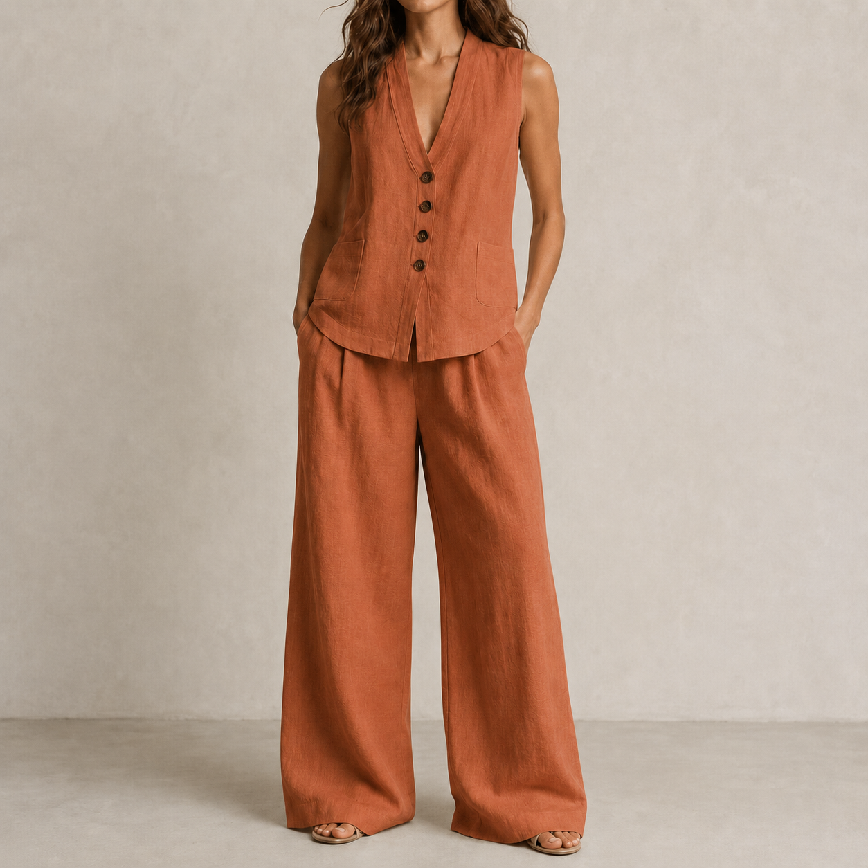 Terracotta Clay V-neck vest and wide leg pants set