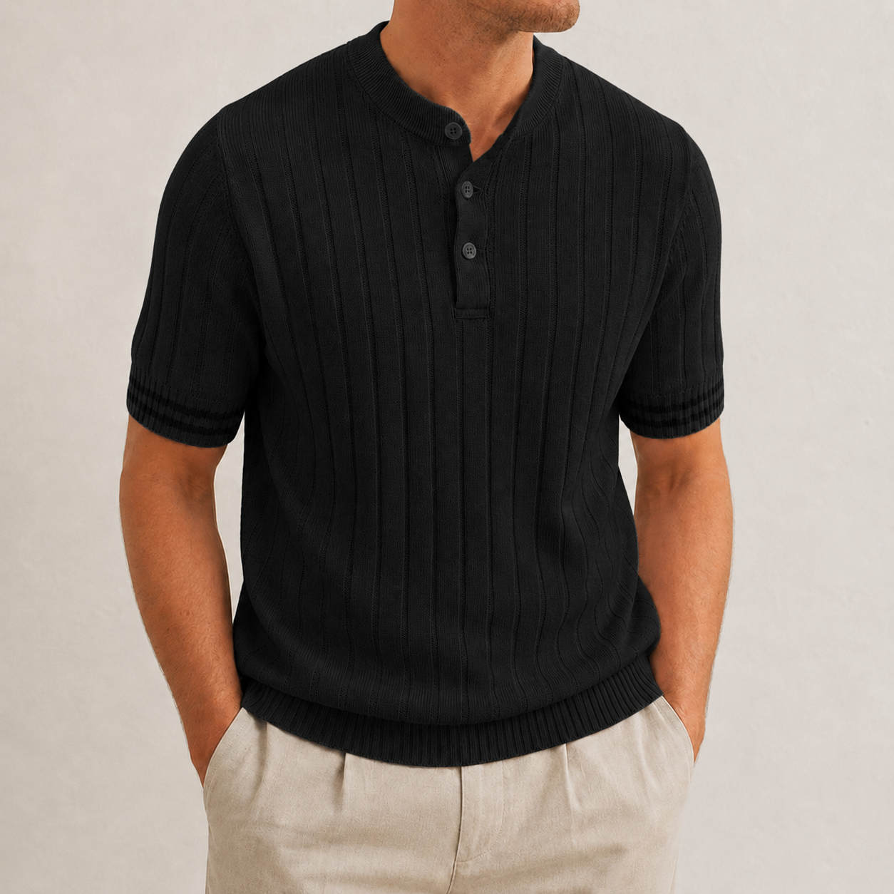 Men's ribbed henley knit shirt black color