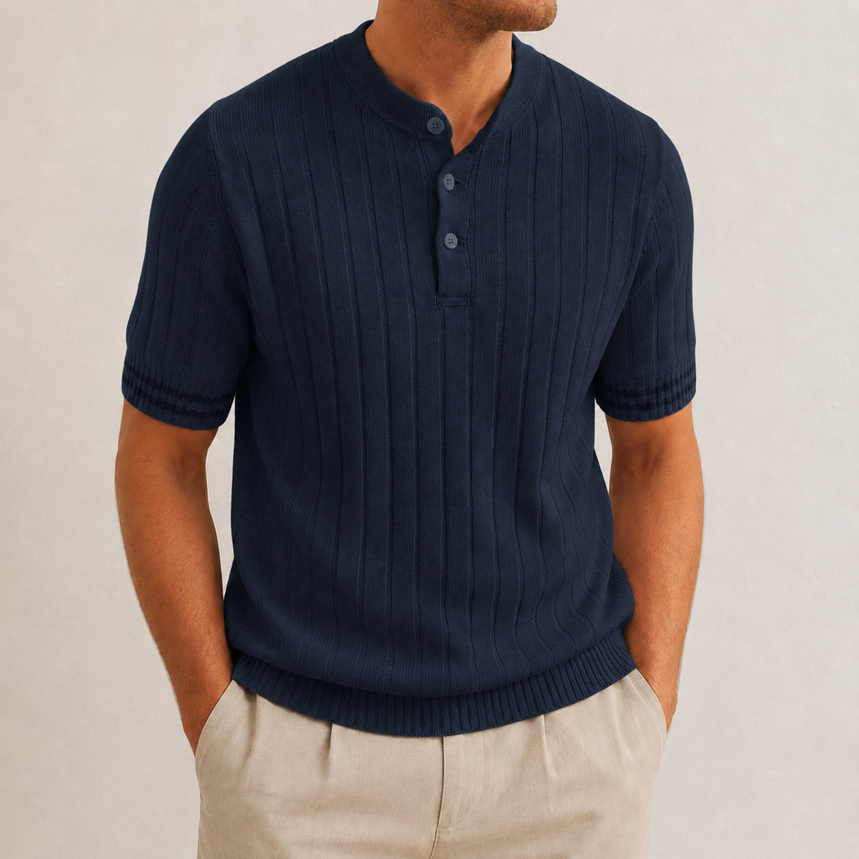Men's ribbed henley knit shirt navy blue color